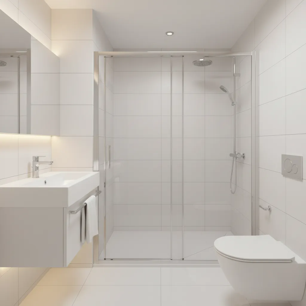 small bathroom with sliding glass shower door saving space