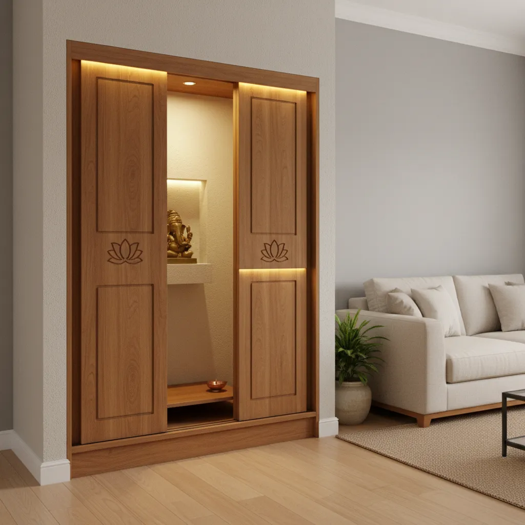Compact sliding teak wood pooja door for apartment mandir