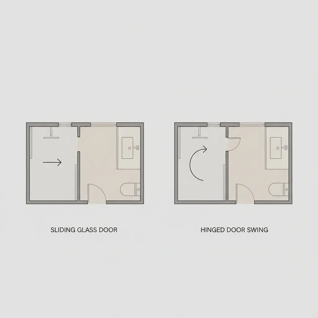 Bathroom layout showing sliding door versus hinged door space usage