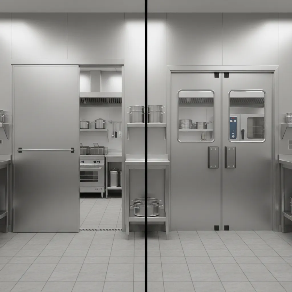 Comparison of sliding and double swing commercial kitchen doors