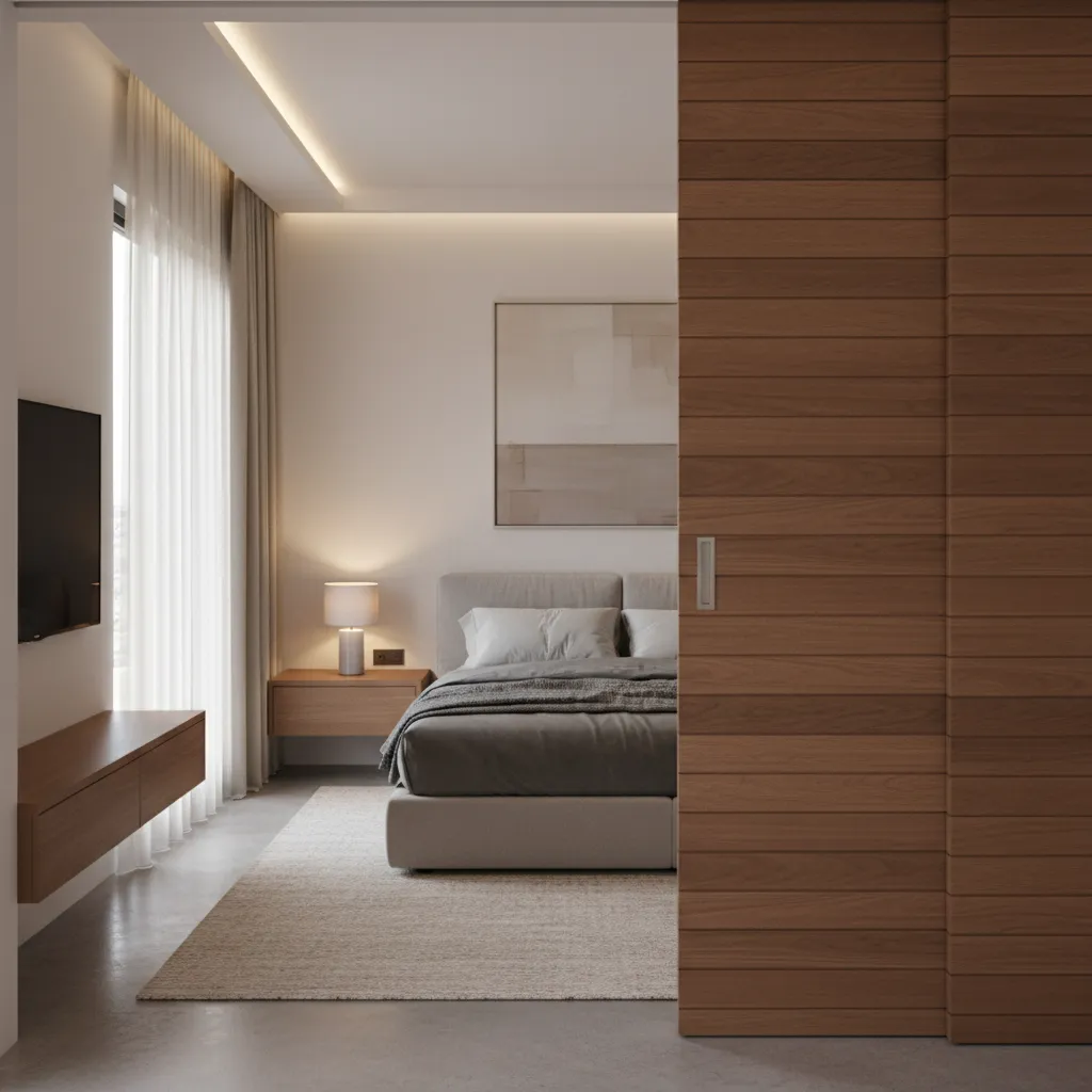 Puerta corredera de madera en un dormitorio contemporáneo