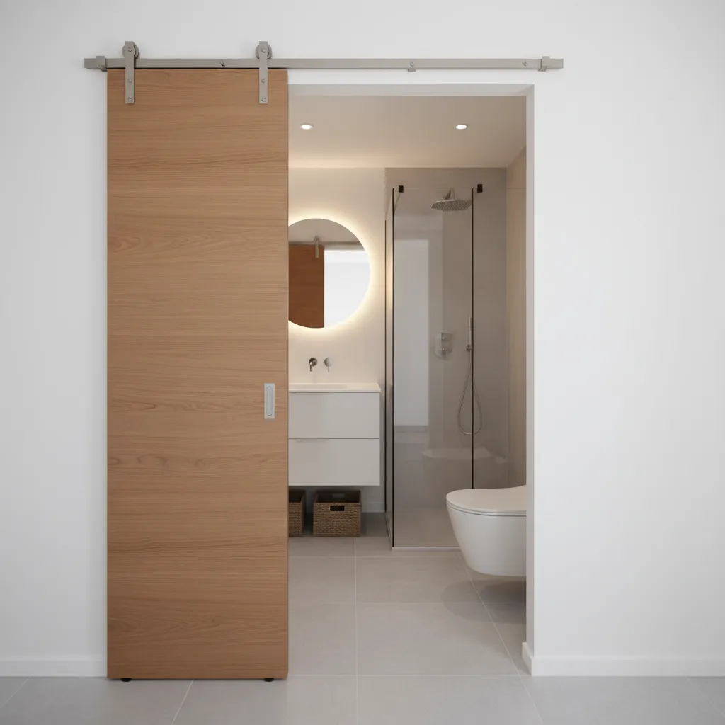 space saving sliding wooden bathroom door in a small apartment