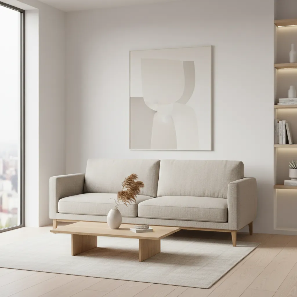 Minimalist living room with beige sofa wooden coffee table wall art and lighted wall shelves