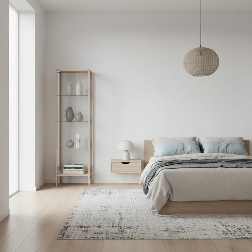 Tall slim display cabinet with glass doors in a minimalist bedroom