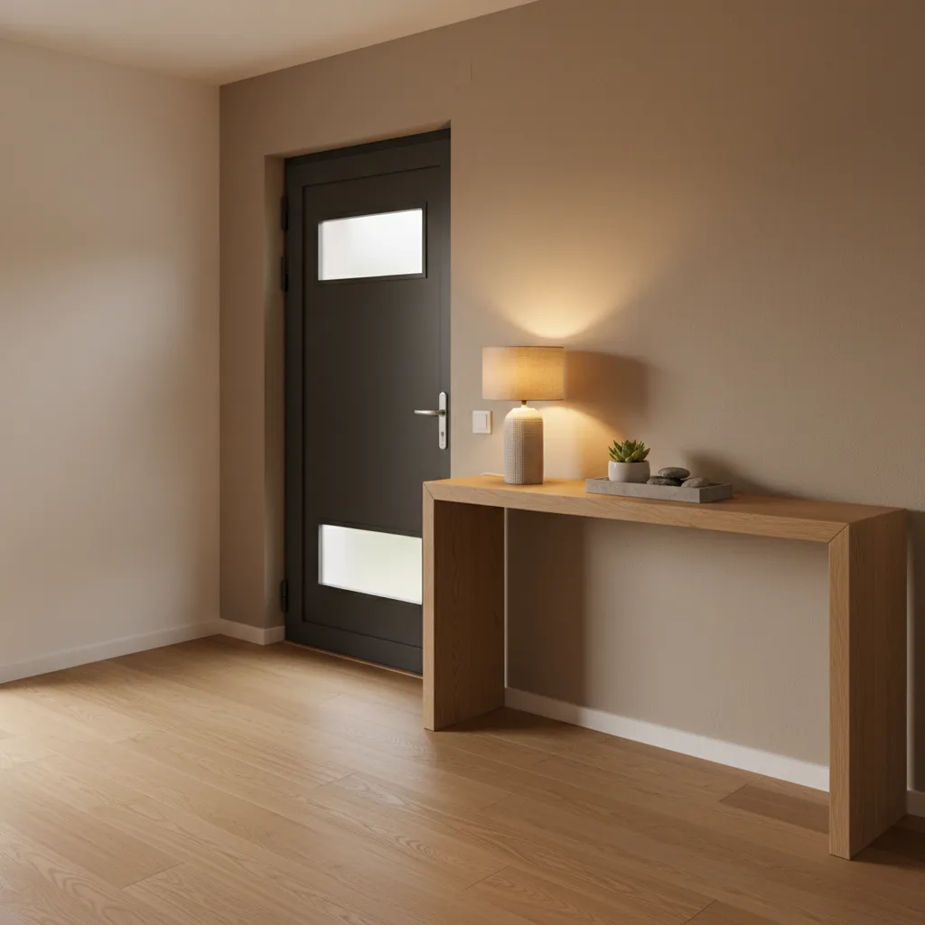narrow console table placed beside entry door with lamp and tray