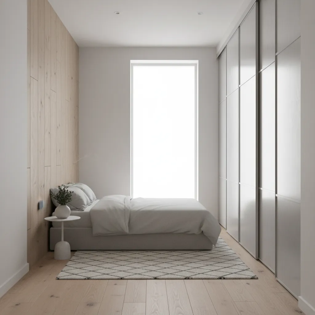 Slim depth aluminium wall wardrobe designed for a narrow bedroom
