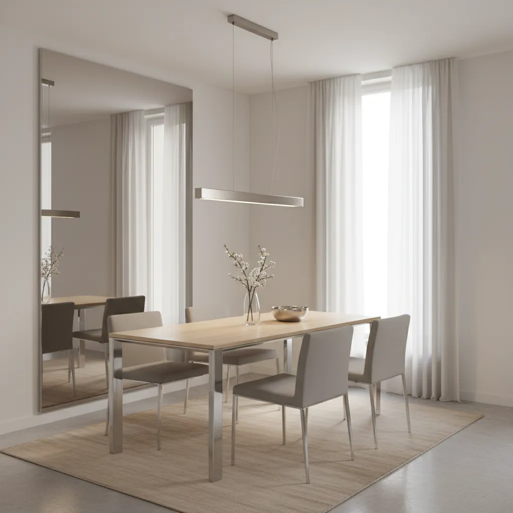 Small dining area with narrow table and pendant lighting creating spacious feel