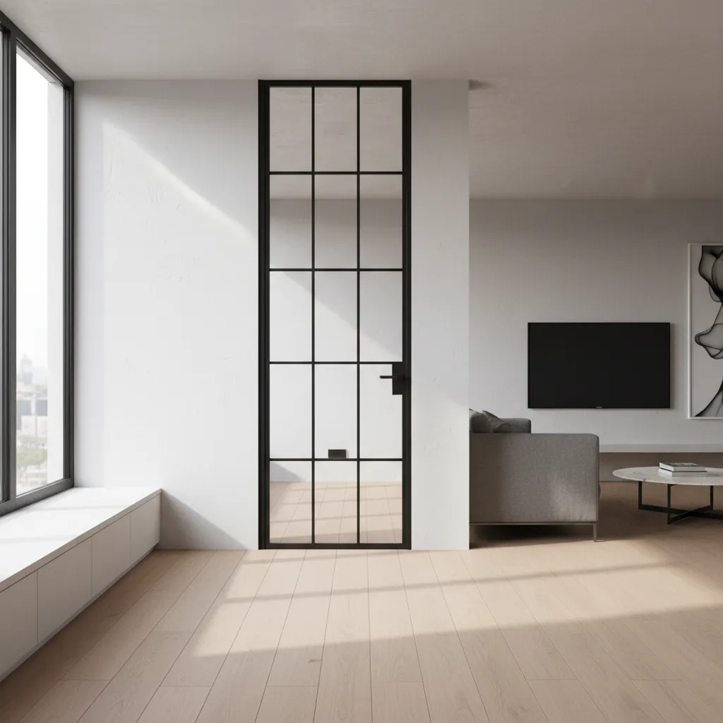 Puerta interior metálica con marco delgado y diseño moderno