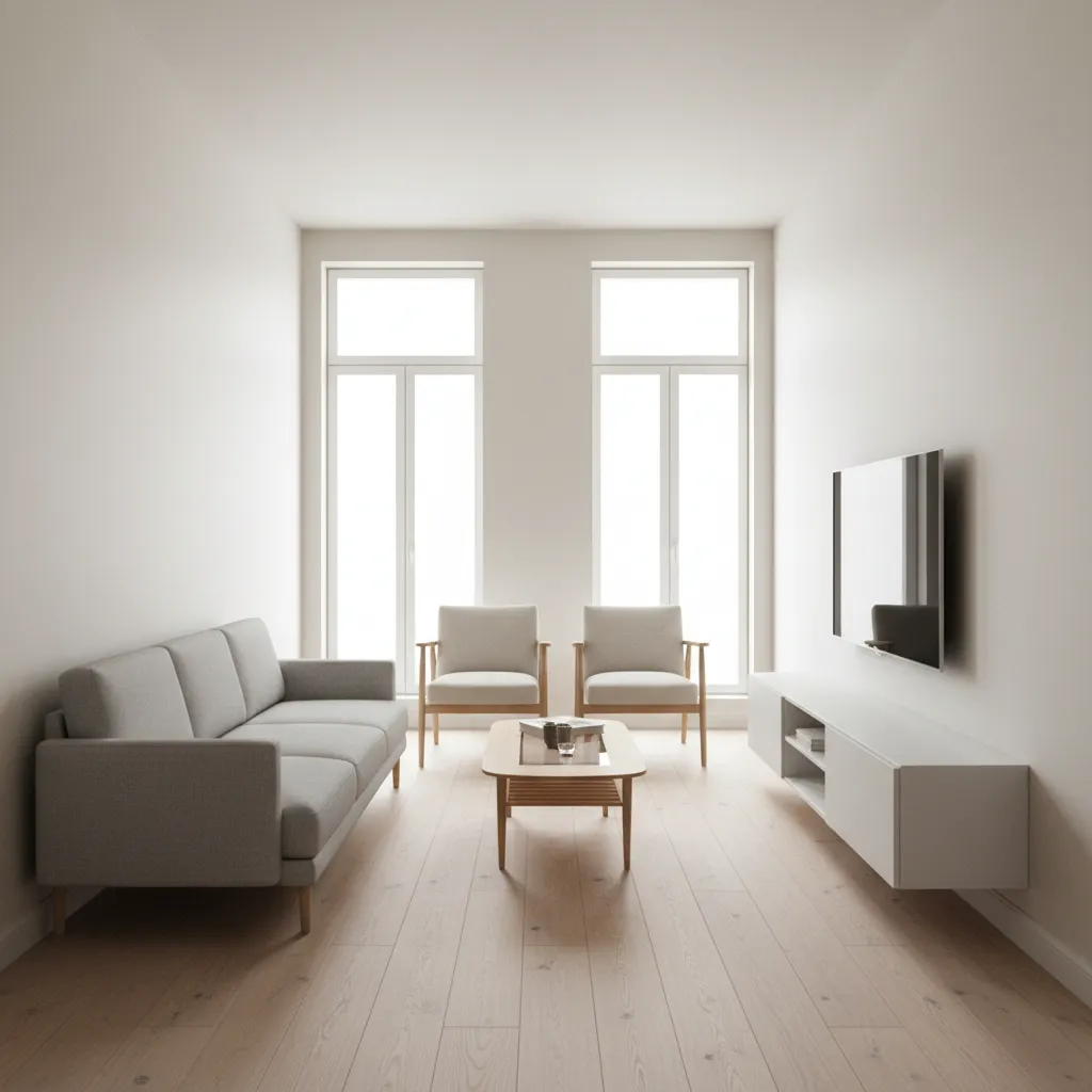 Slim modern furniture used in a narrow living room