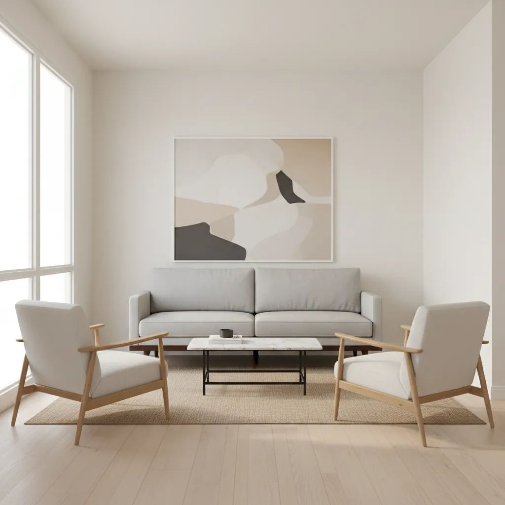 Narrow living room with slim sofa and lightweight chairs creating open circulation space