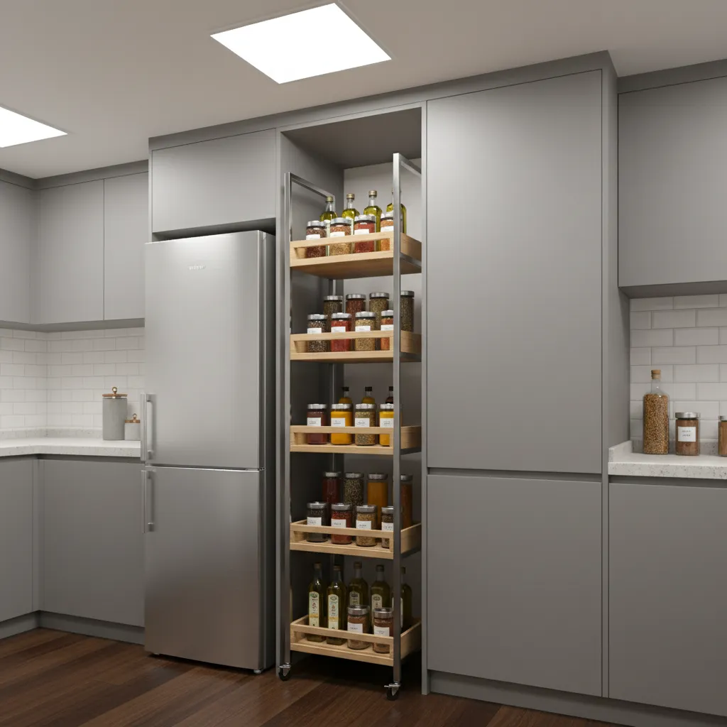 Slim wooden pull out kitchen trolley with shelves for spices next to a silver fridge