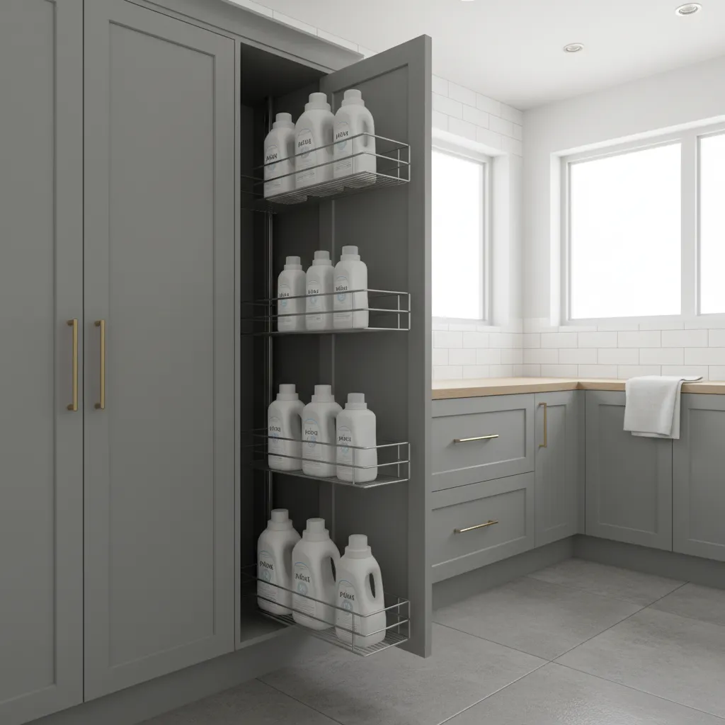 pull out storage system inside a narrow laundry cabinet