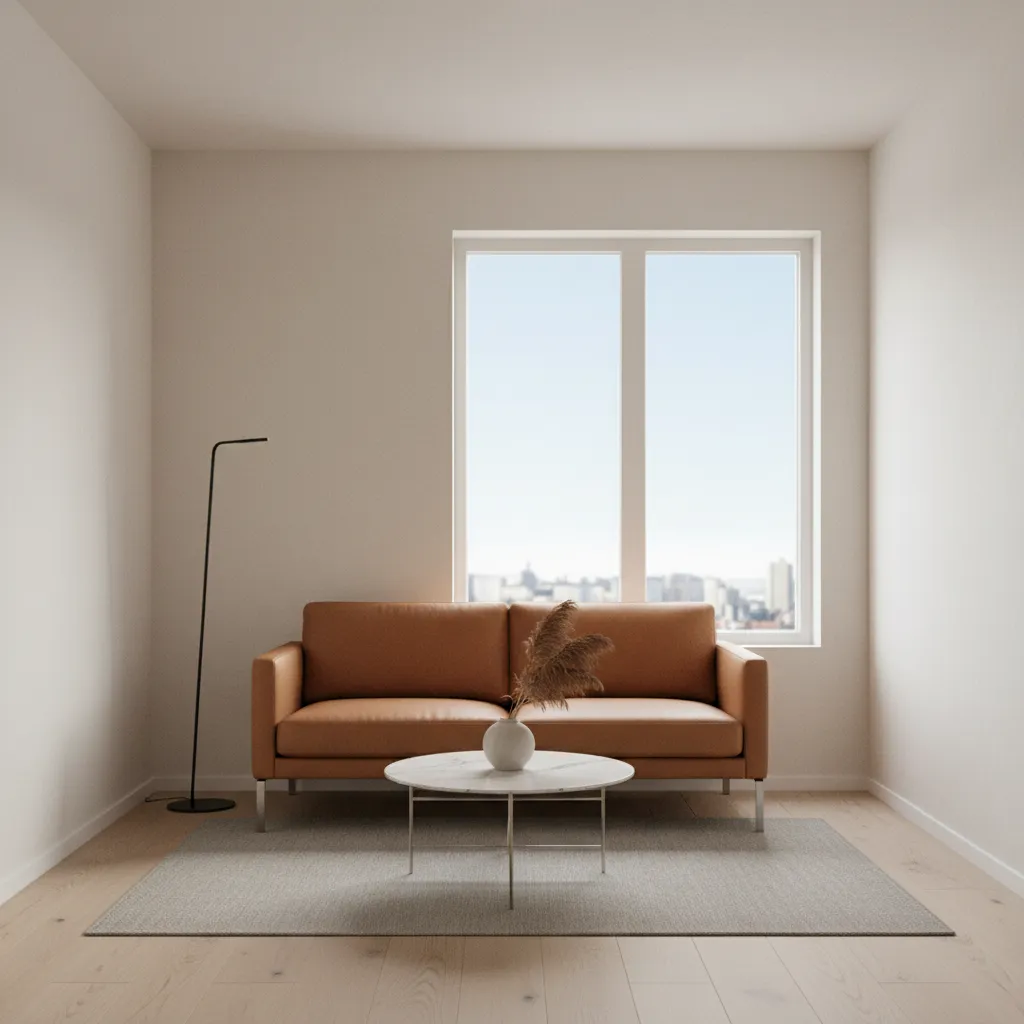 Small living room with tan leather sofa round marble coffee table lamp and window view
