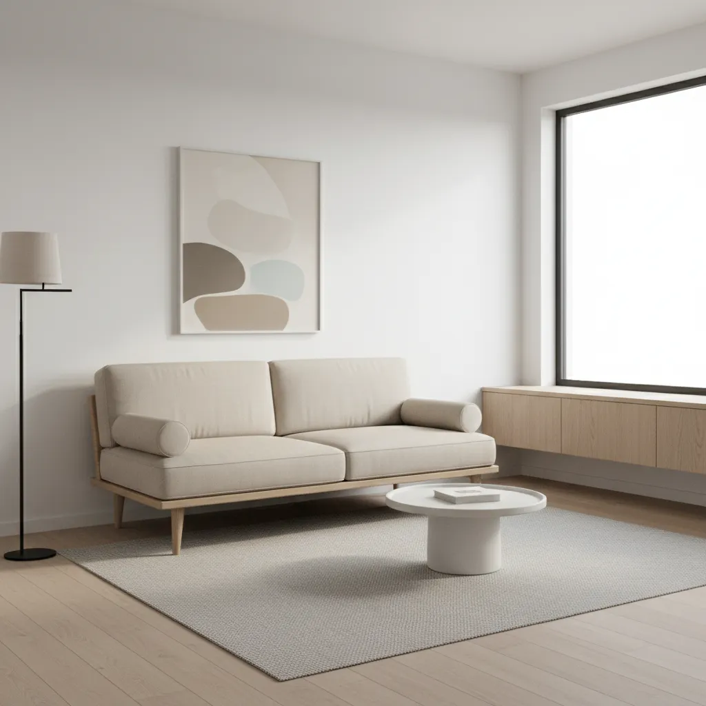 Cream sofa on grey rug with white coffee table floor lamp picture and wooden cabinet