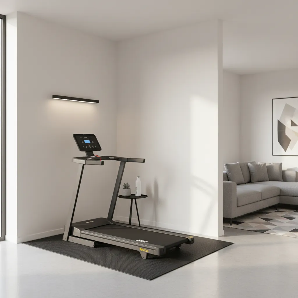 Slim non-foldable treadmill in a dedicated home workout corner