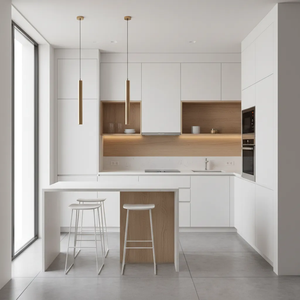 small kitchen island with two slim pendant lights