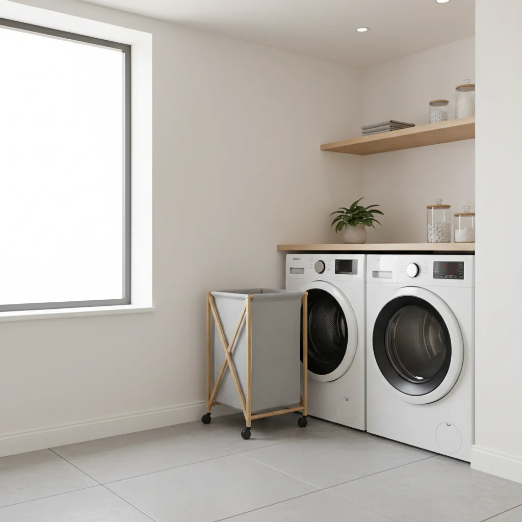 slim rolling laundry hamper between washer and wall in small laundry room