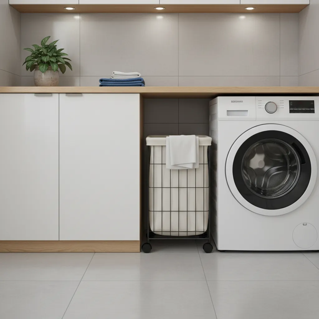 slim rolling laundry hamper between washer and wall