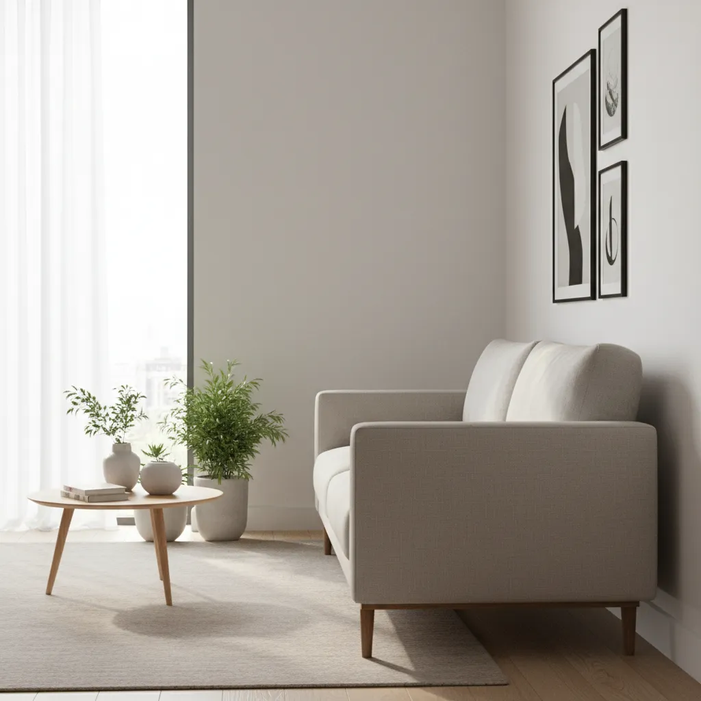 slim profile sofa in a small living room with open walkway