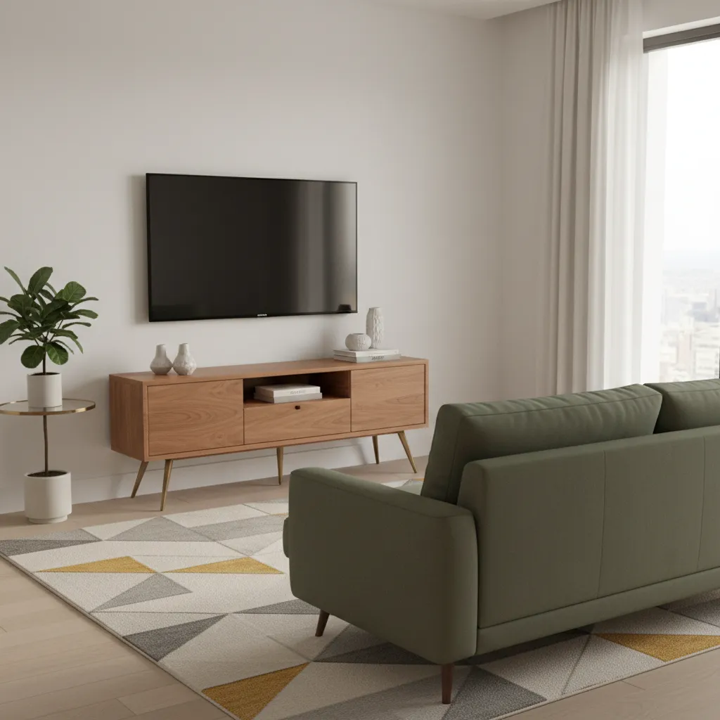 Modern living room with a wall mounted TV, wooden cabinet, green sofa, and geometric rug