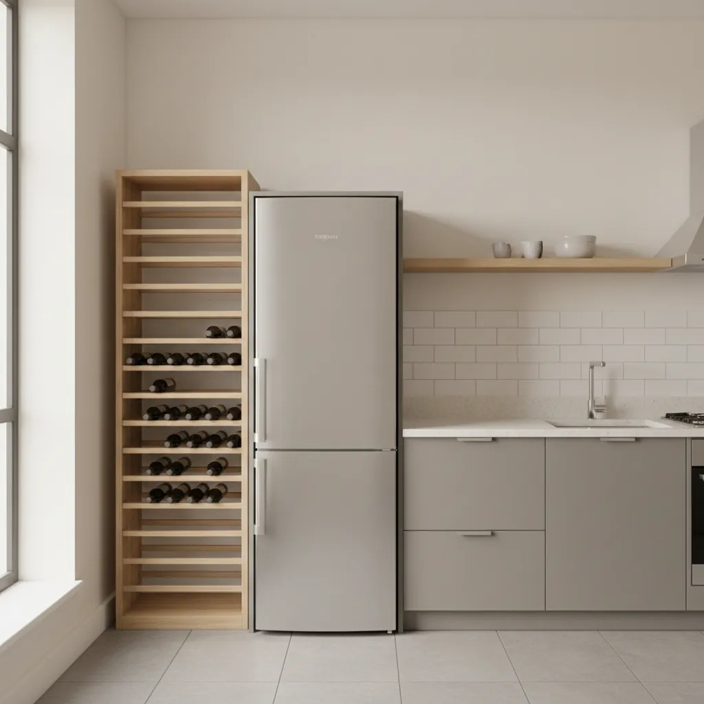 Slim vertical wine rack tower placed between refrigerator and wall