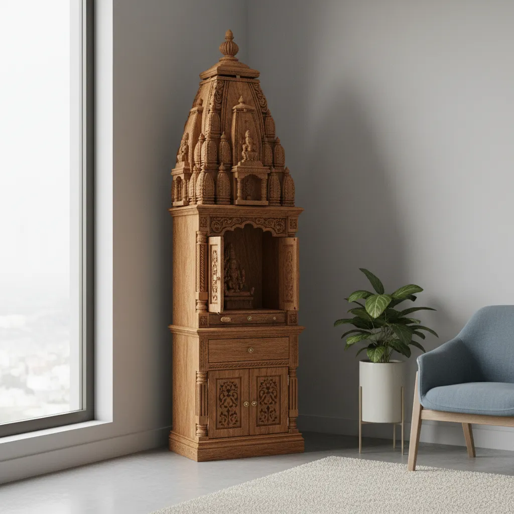 Slim wooden pooja mandir with tall gopuram tower