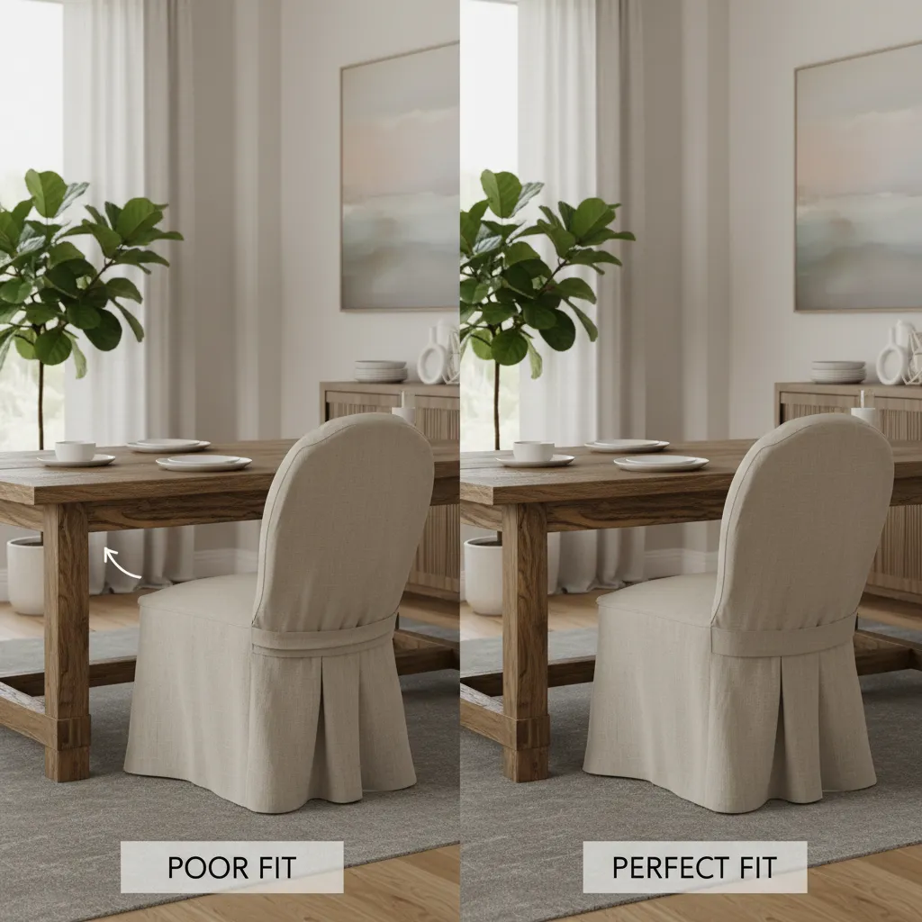 Example of wrinkled slipcover on curved dining chair showing poor fit