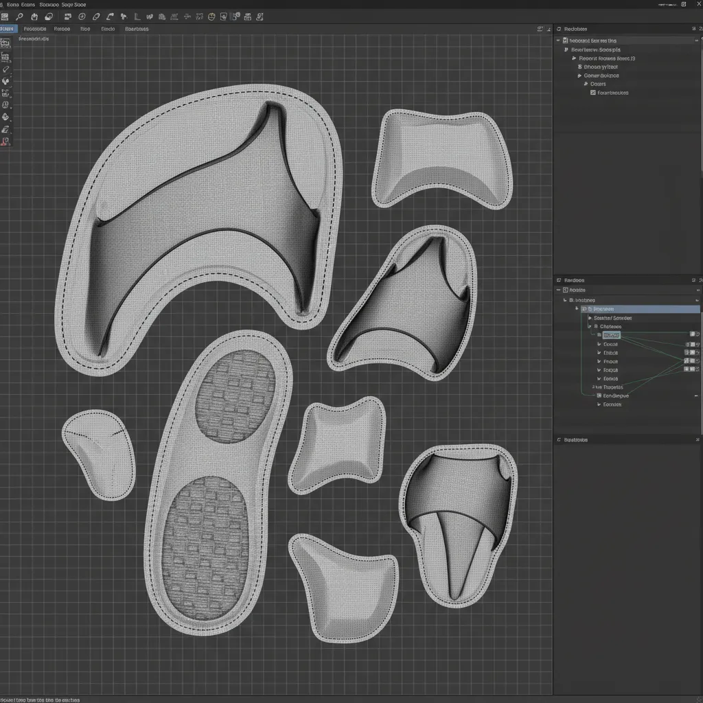 UV map layout of a slippers 3D model with separated UV islands