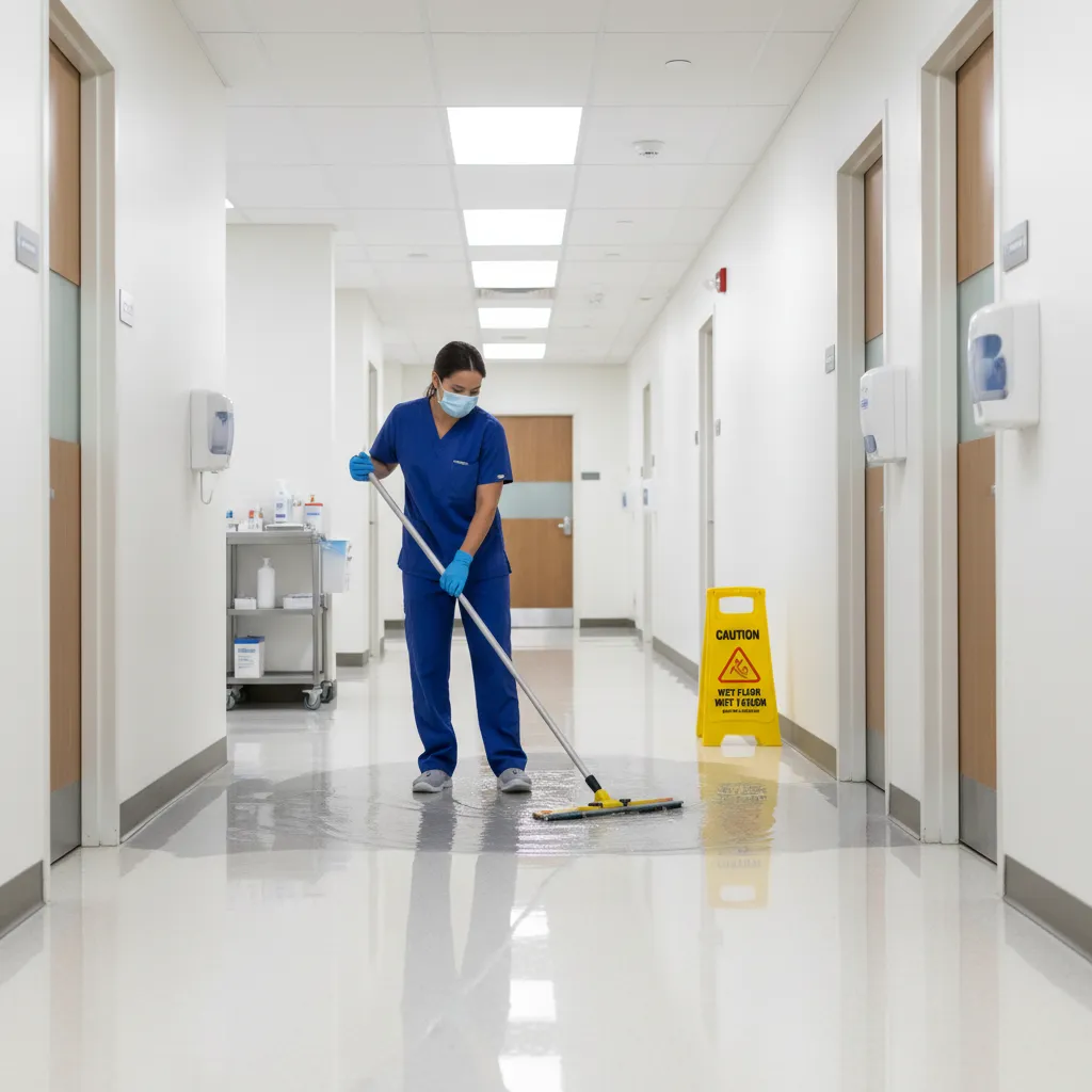 healthcare worker cleaning clinic floor showing wet surface reflection