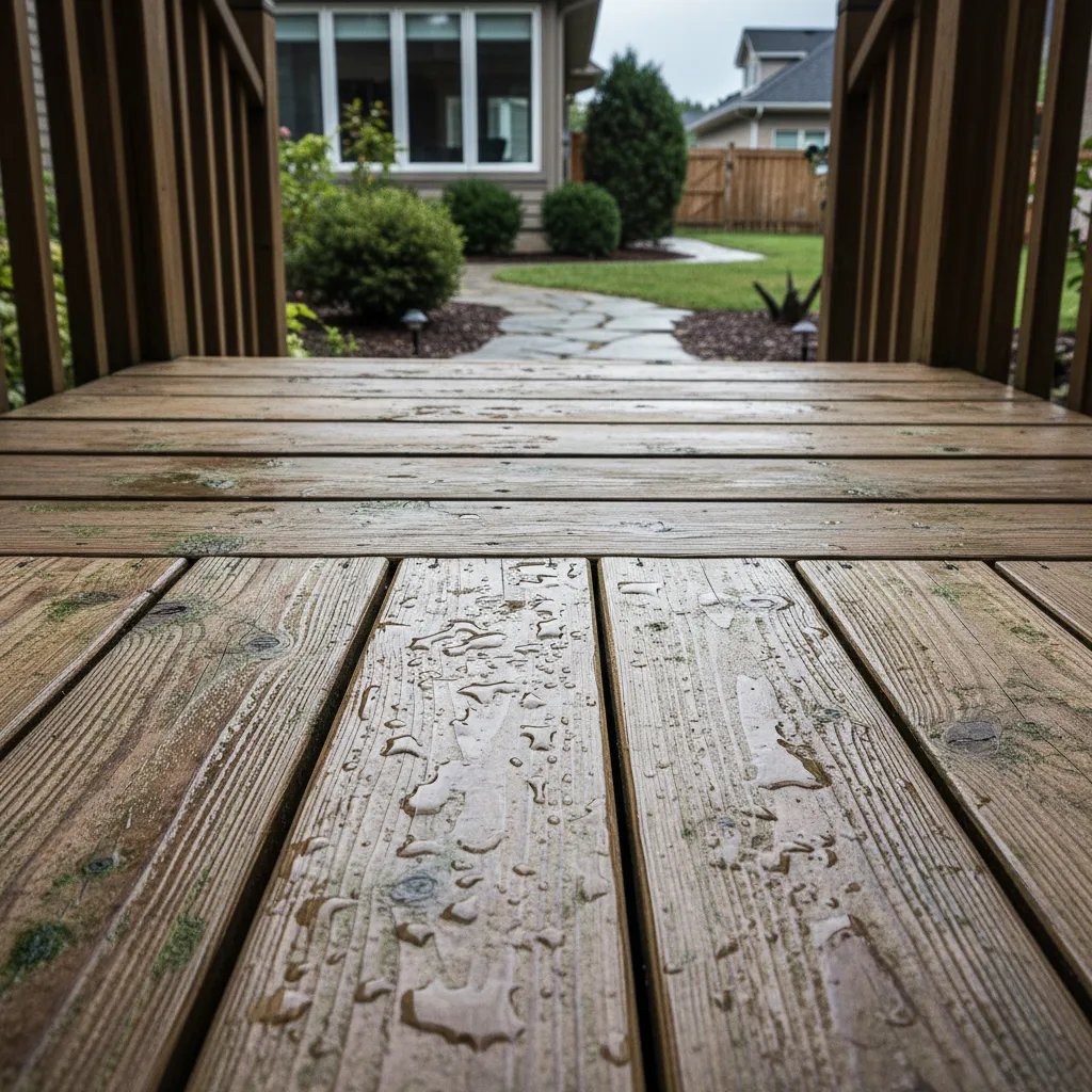 Wet wooden deck ramp showing slippery algae buildup