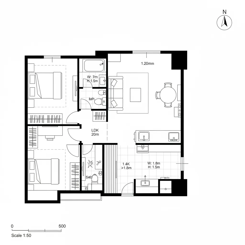 スリット分節の2LDK（LDKと半個室）