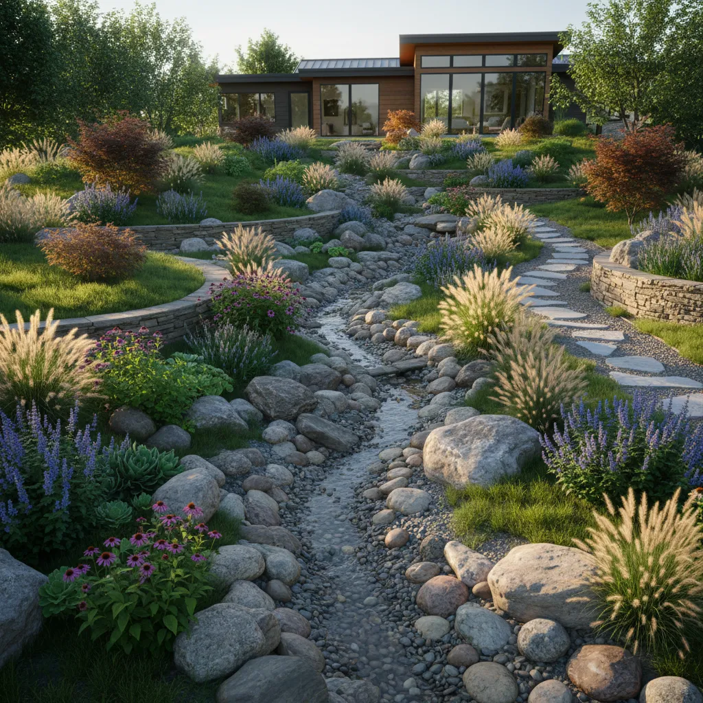 dry creek drainage feature running through landscaped slope