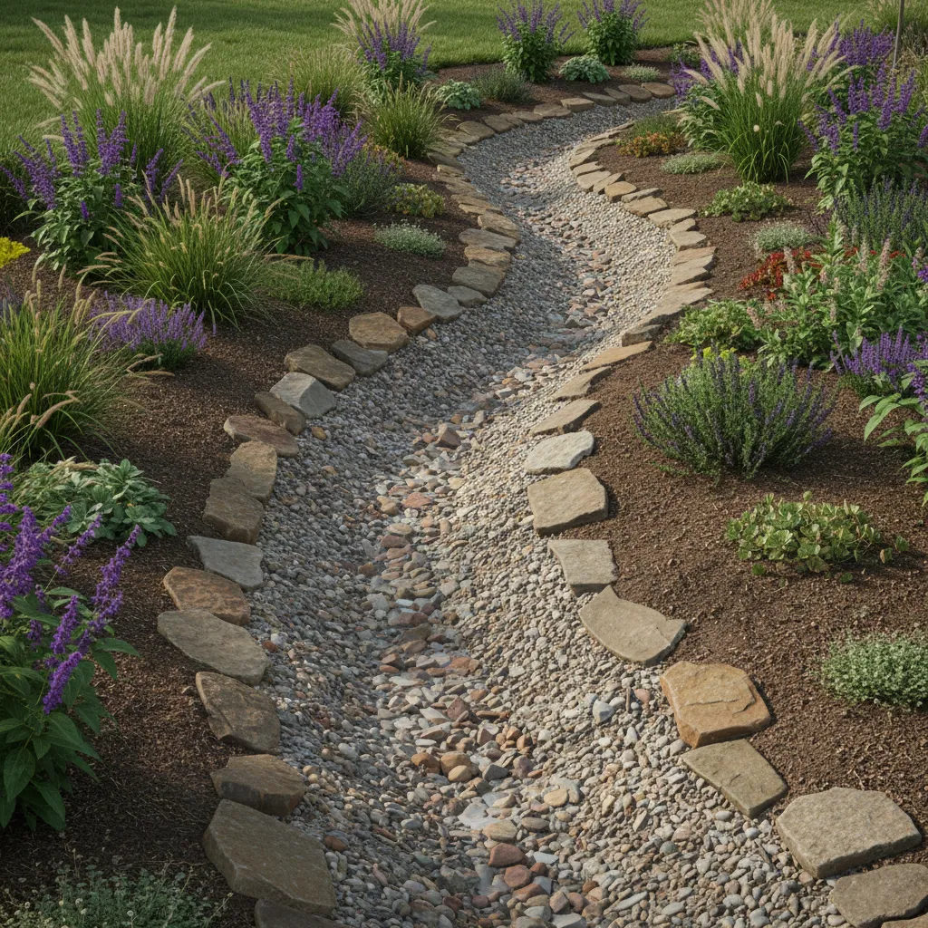 garden drainage swale with gravel channel directing water down a gentle slope