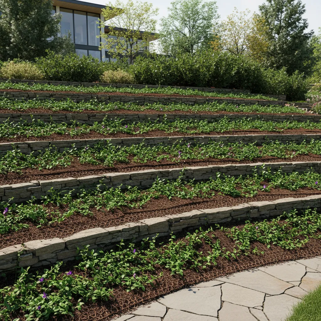 erosion control planting with groundcover and stone barriers on slope