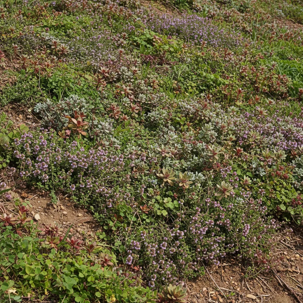 Creeping groundcover plants covering soil on a landscaped hillside