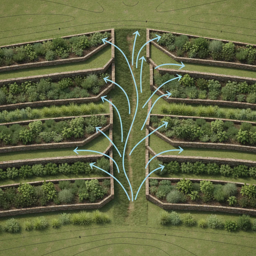 Landscape layout showing water runoff paths on a gentle slope yard