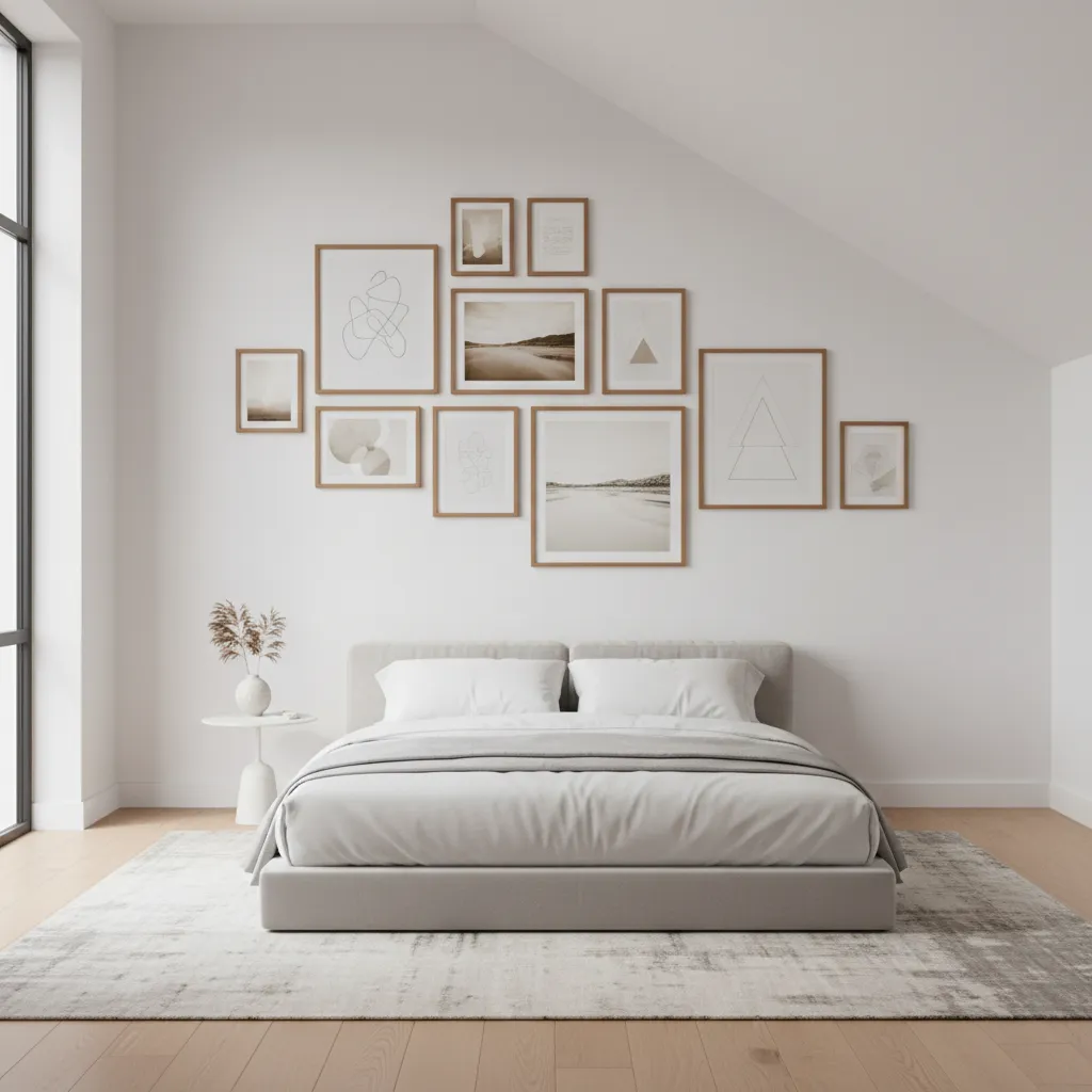 gallery wall aligned with sloped ceiling showing frames following the wall angle