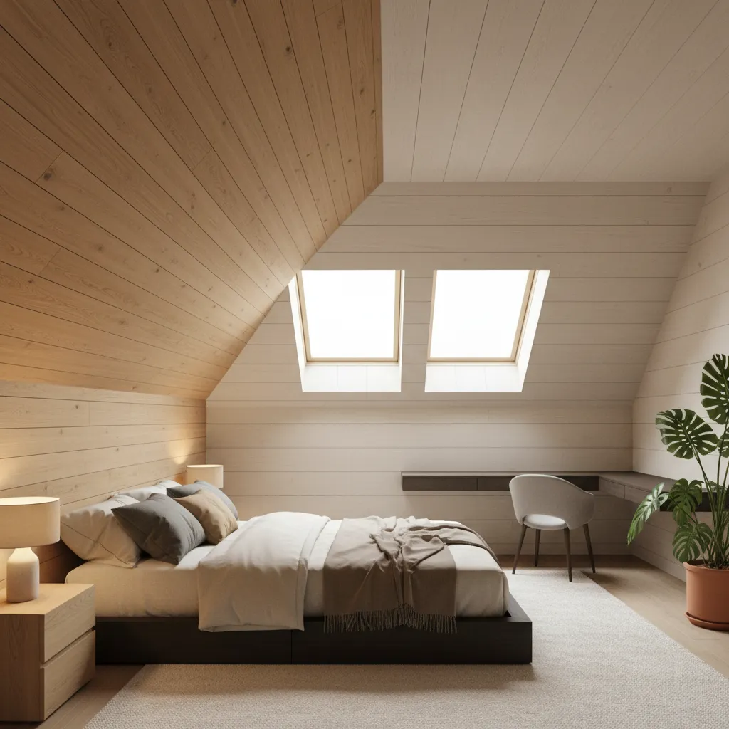 Bedroom using a sloped wall as a wooden feature wall behind the bed