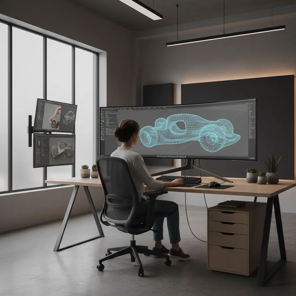 designer analyzing a complex 3D modeling scene on computer screen