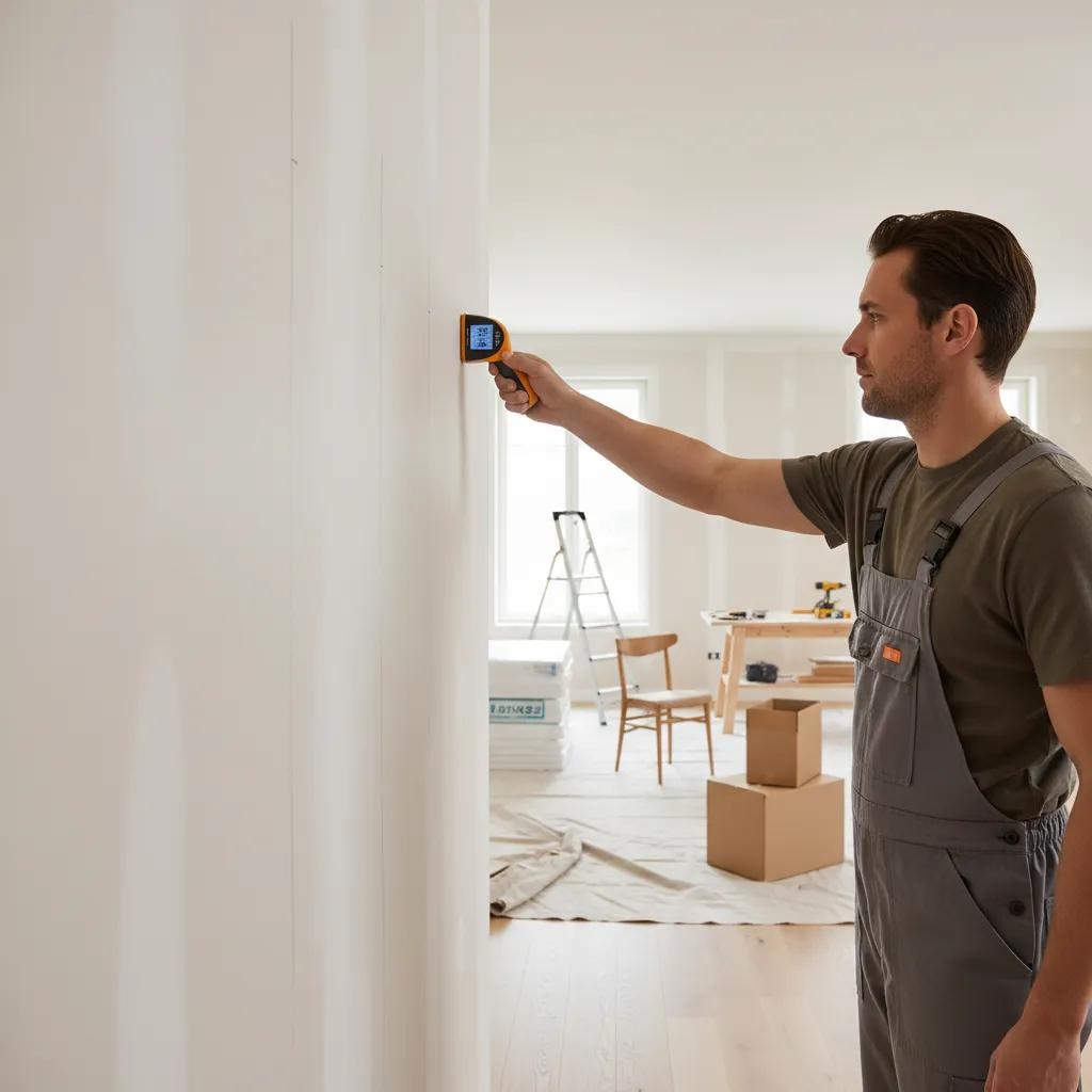 Demonstration of slow horizontal scanning with a stud finder on drywall
