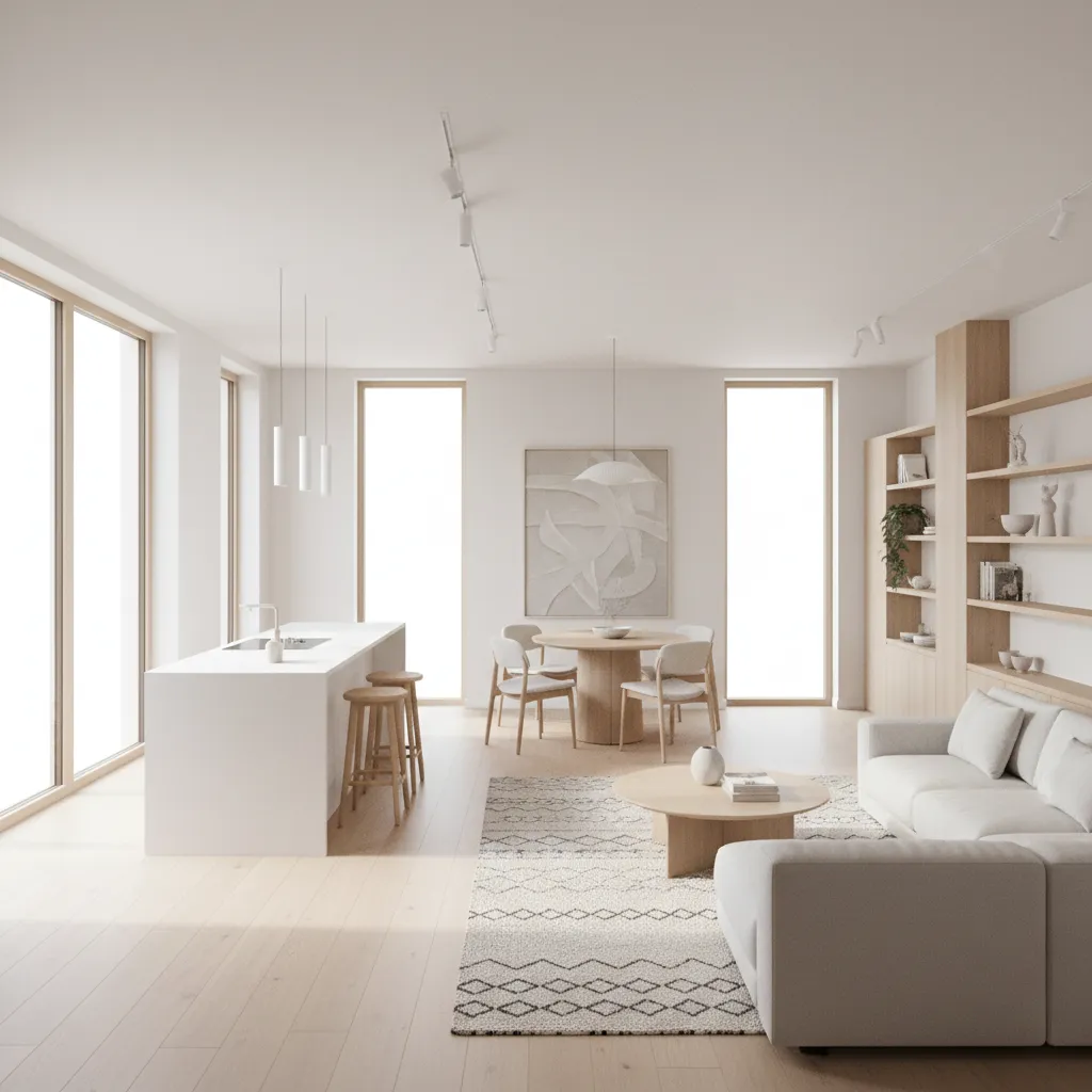 open concept interior layout of a small 1000 sq ft house with kitchen living and dining combined