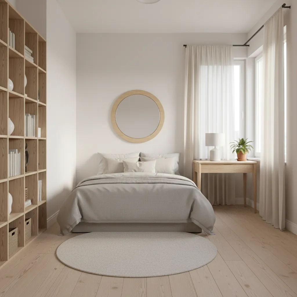 Small 10x10 bedroom with bed, desk, and vertical storage