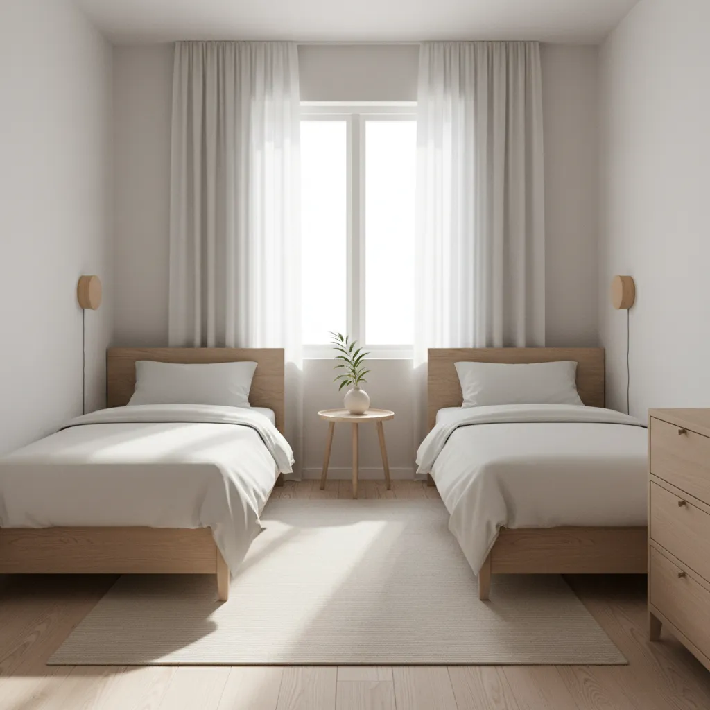 small 10x10 bedroom with two twin beds and central walkway