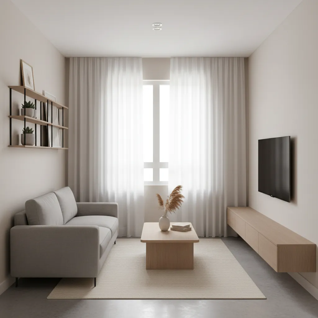 compact 10x10 living room with sofa coffee table and wall mounted TV