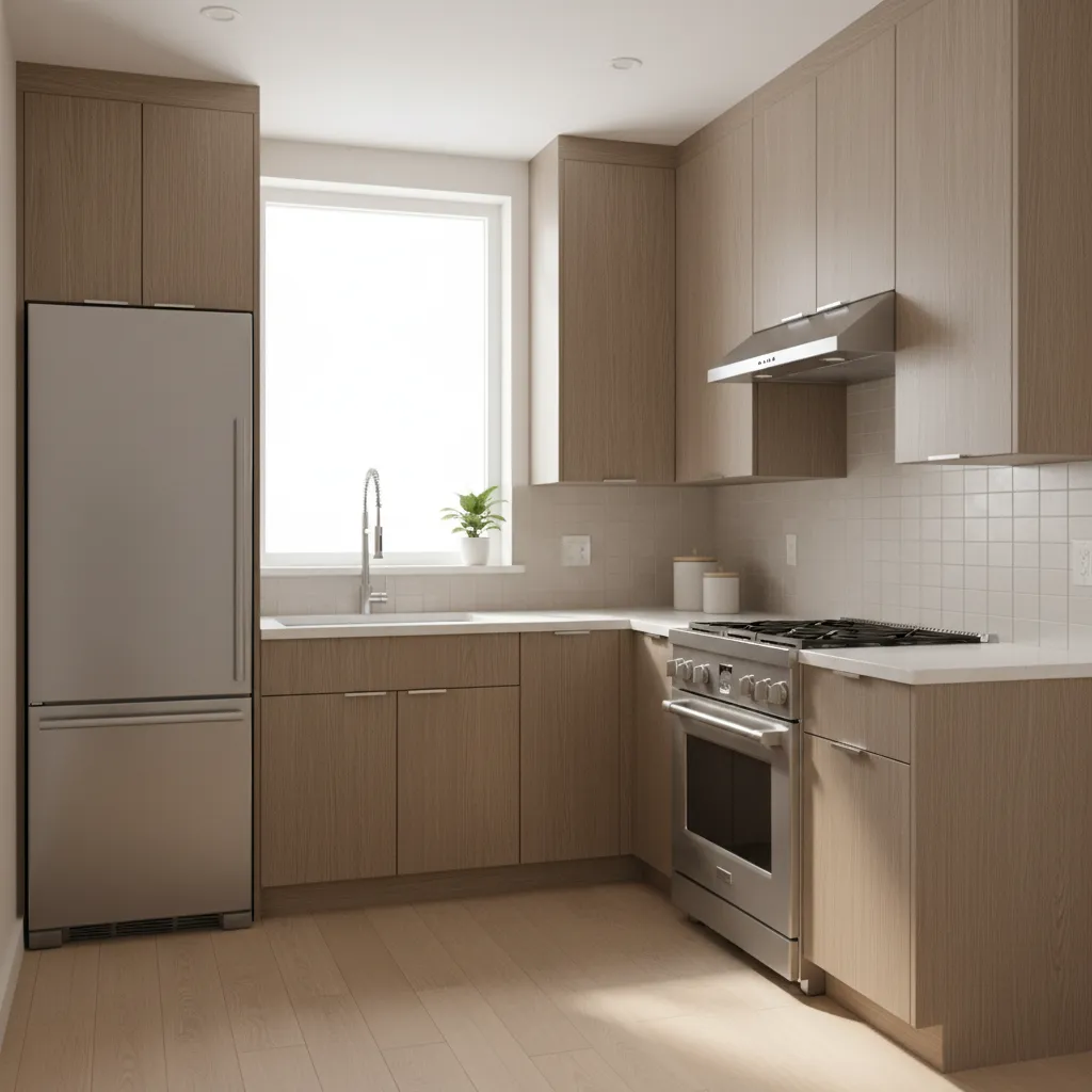 Overview of a compact 12x12 kitchen layout with cabinets, appliances, and workspace