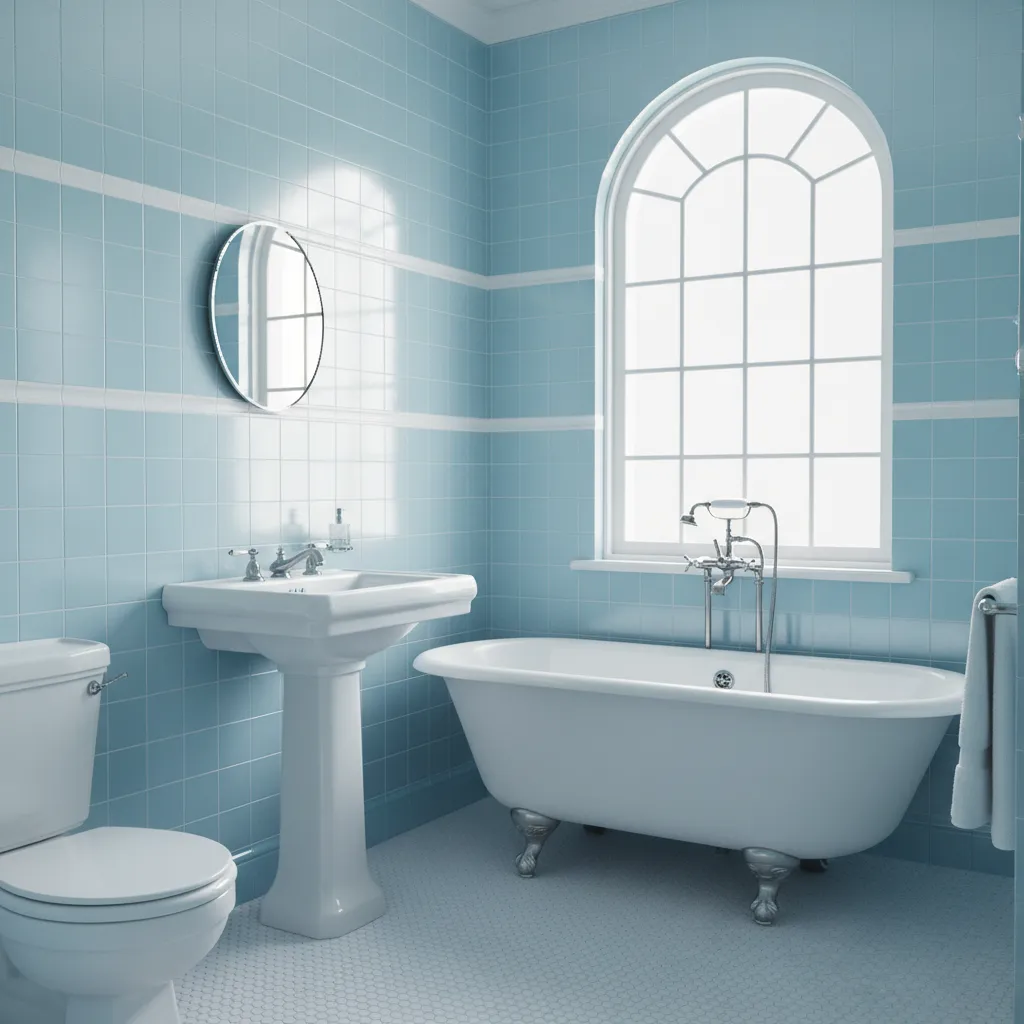 Compact vintage bathroom using light tiles to enlarge space visually