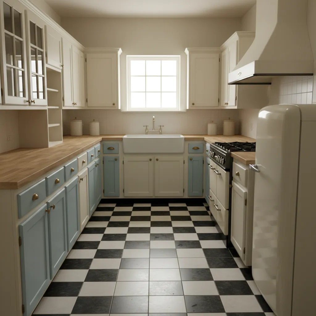 Narrow 1930s style galley kitchen layout in a compact home