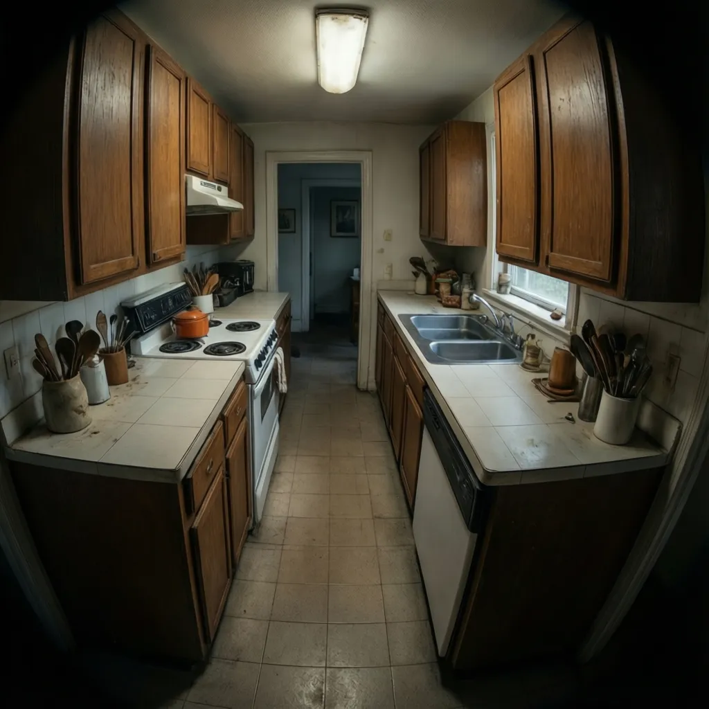 Narrow 1950s kitchen layout showing limited counter space and tight walkway