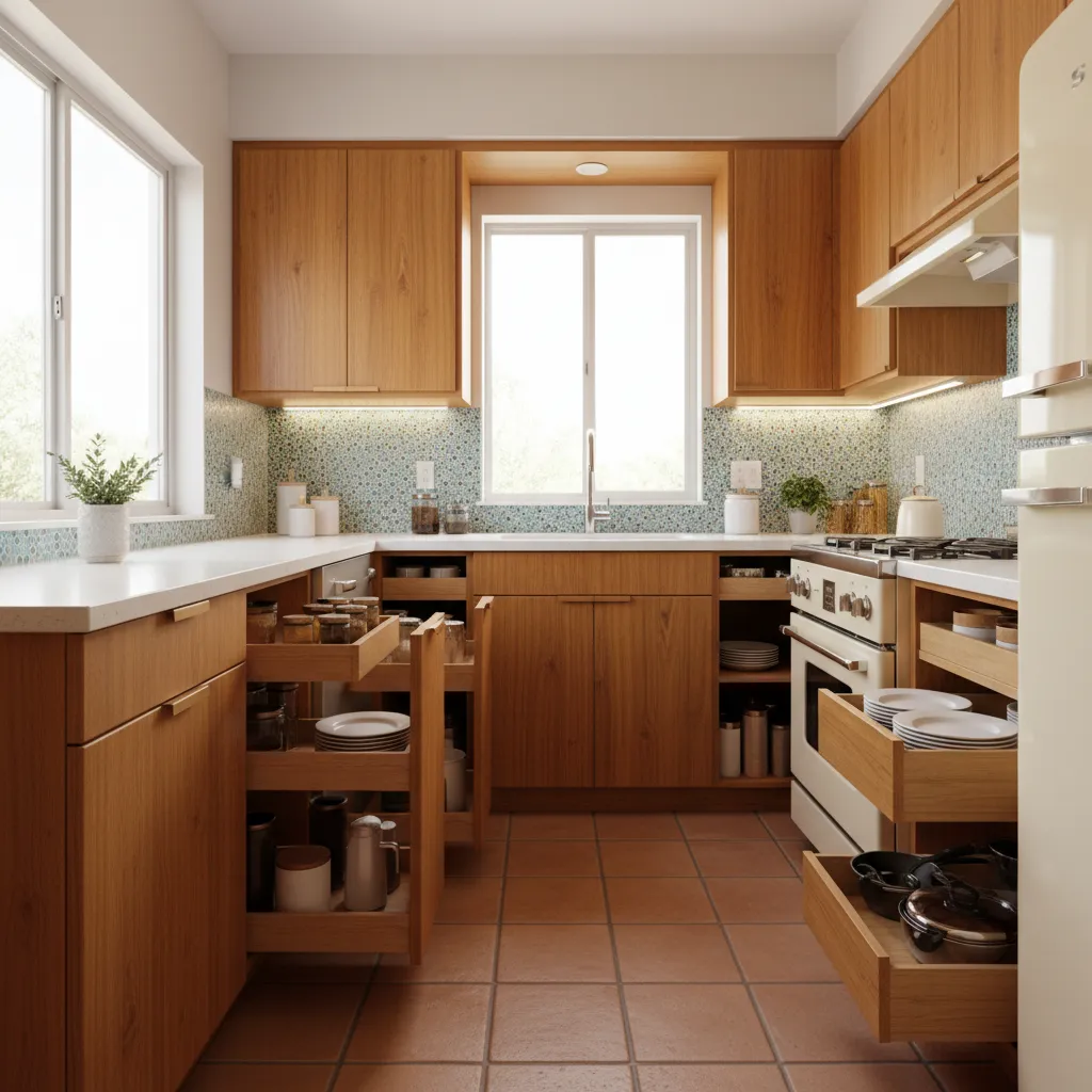 small 1960s kitchen with pull out shelves and improved storage organization