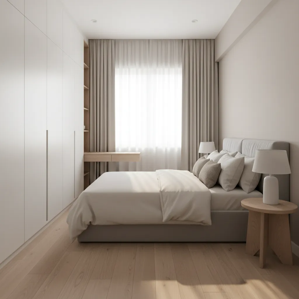 Efficient small bedroom layout in a 1 BHK apartment with wardrobe and bed placement
